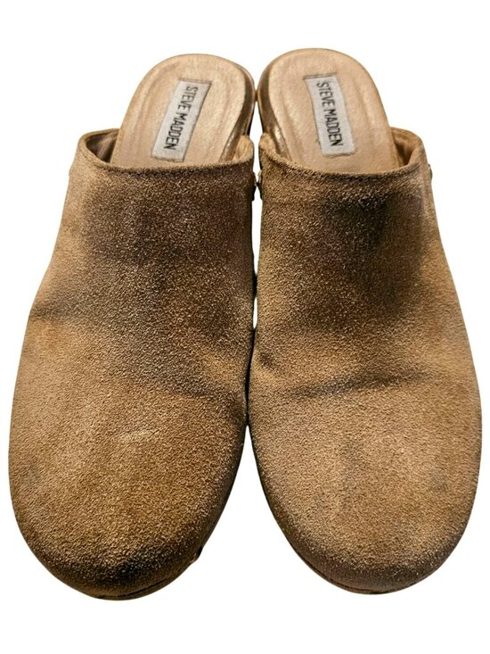 Steve Madden Shoes - Steve Madden Tan Suede Clogs With Wooden Platform & Brass Studs